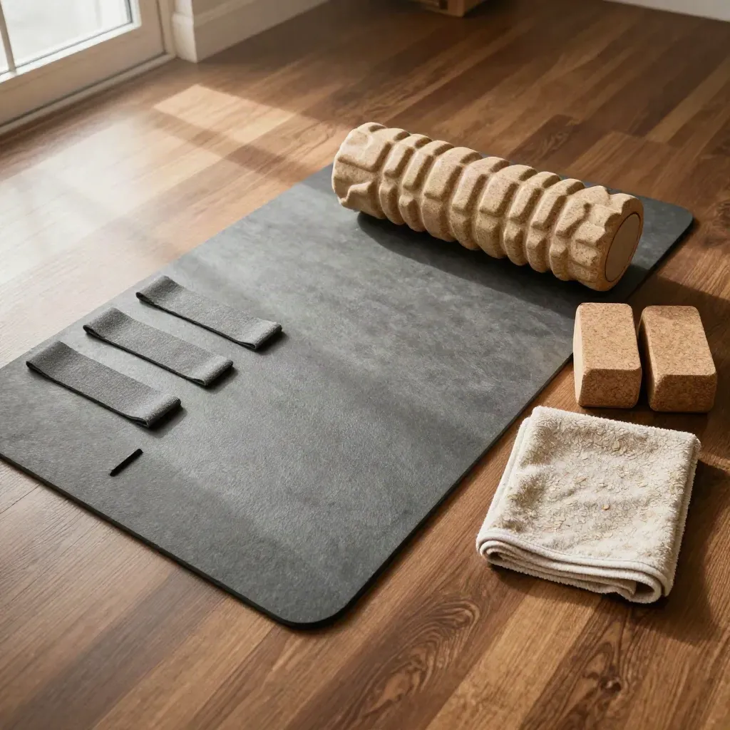 Top-down rehab mat with loop bands, foam roller, cork blocks and towel on warm oak floor.