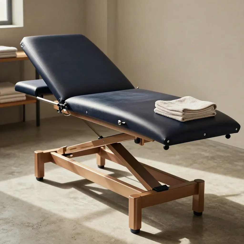 Chiropractic drop table with towels and bolsters in a calm treatment room.