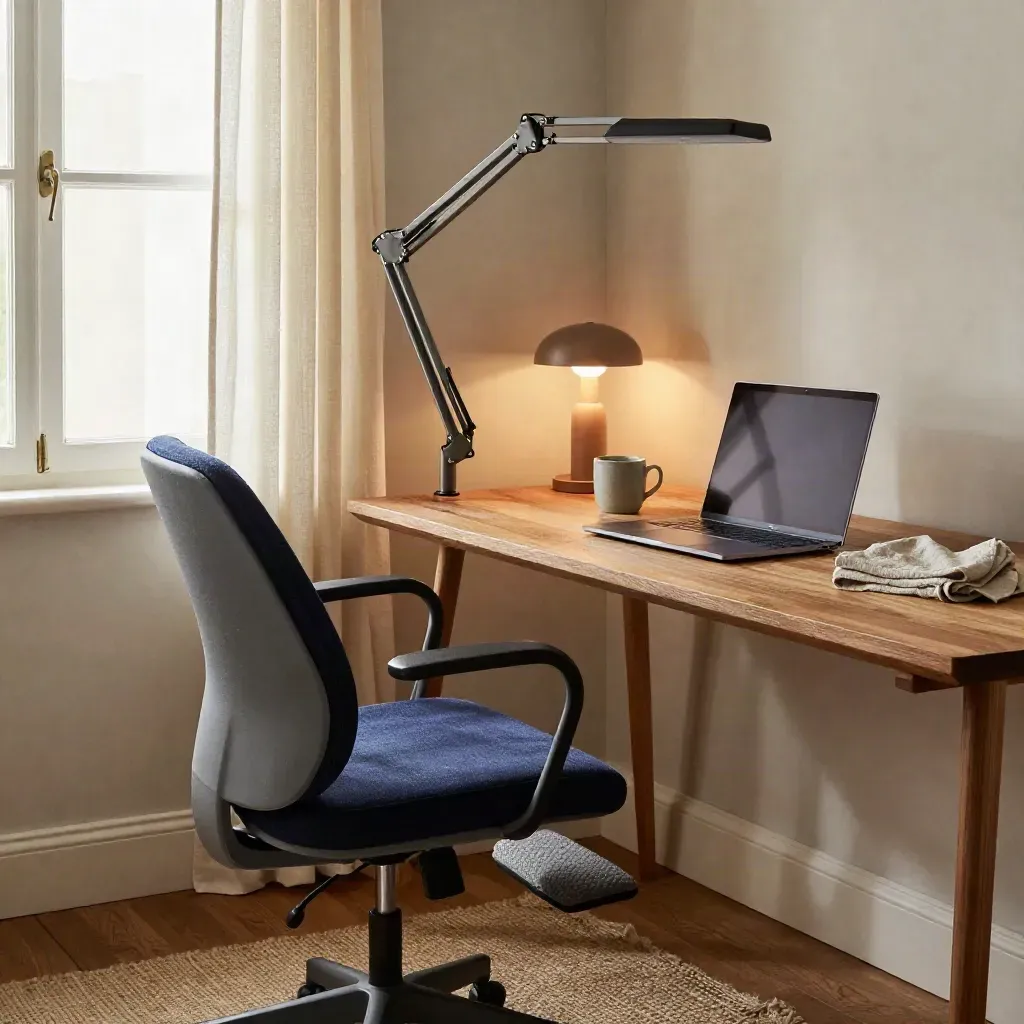 Ergonomic desk corner with chair cushion, monitor arm, footrest and closed laptop by a sunlit window.