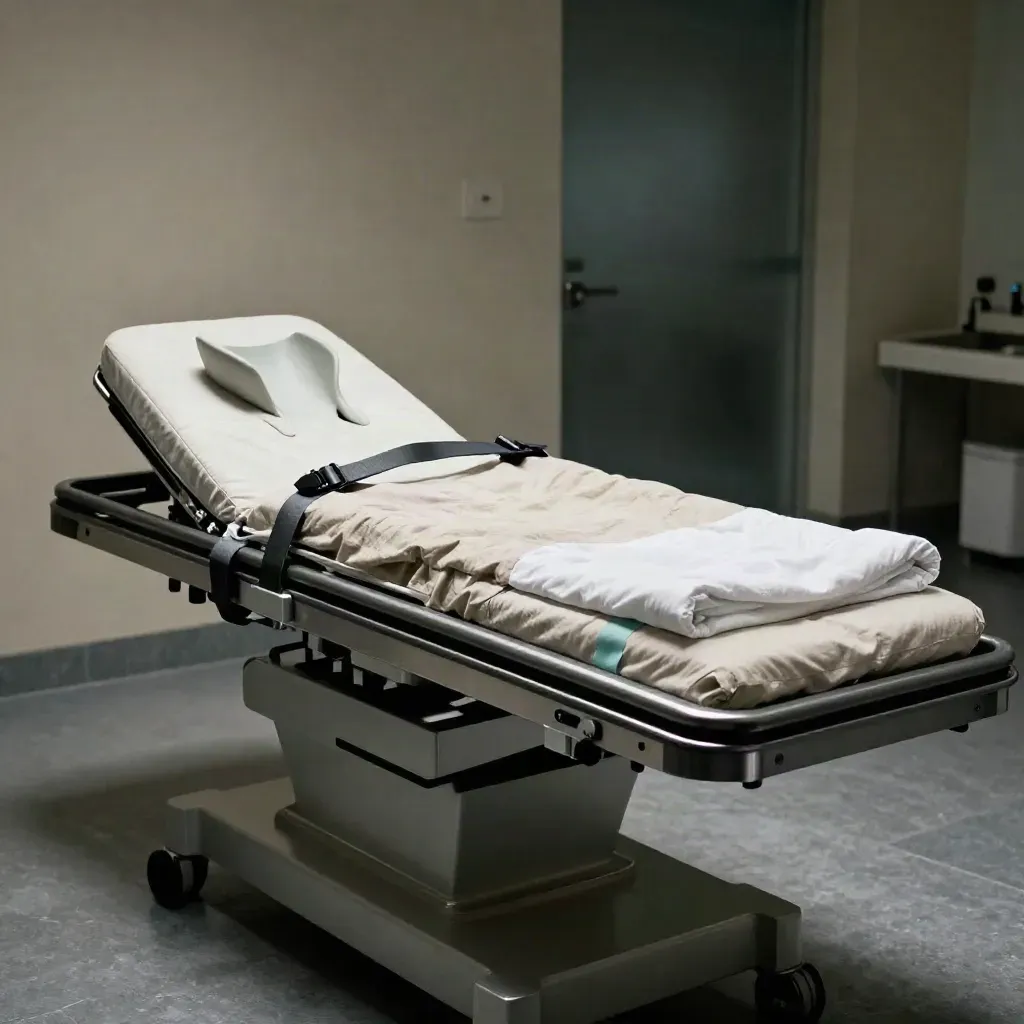 Decompression table mid-stretch with cradle, straps, wedge pillows and rolled sheet in a dark clinic room.