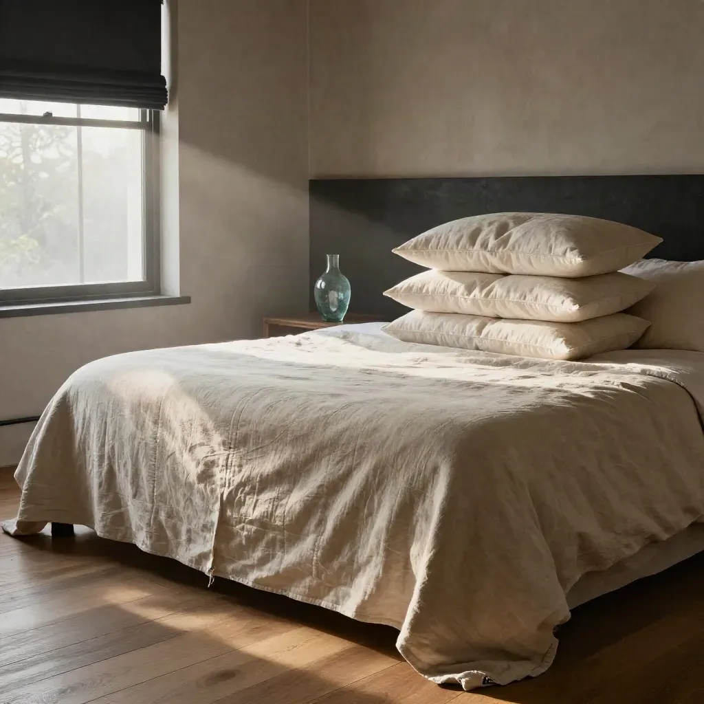 Made bed with stacked pillows, topper, and blackout shade in a calm bedroom.