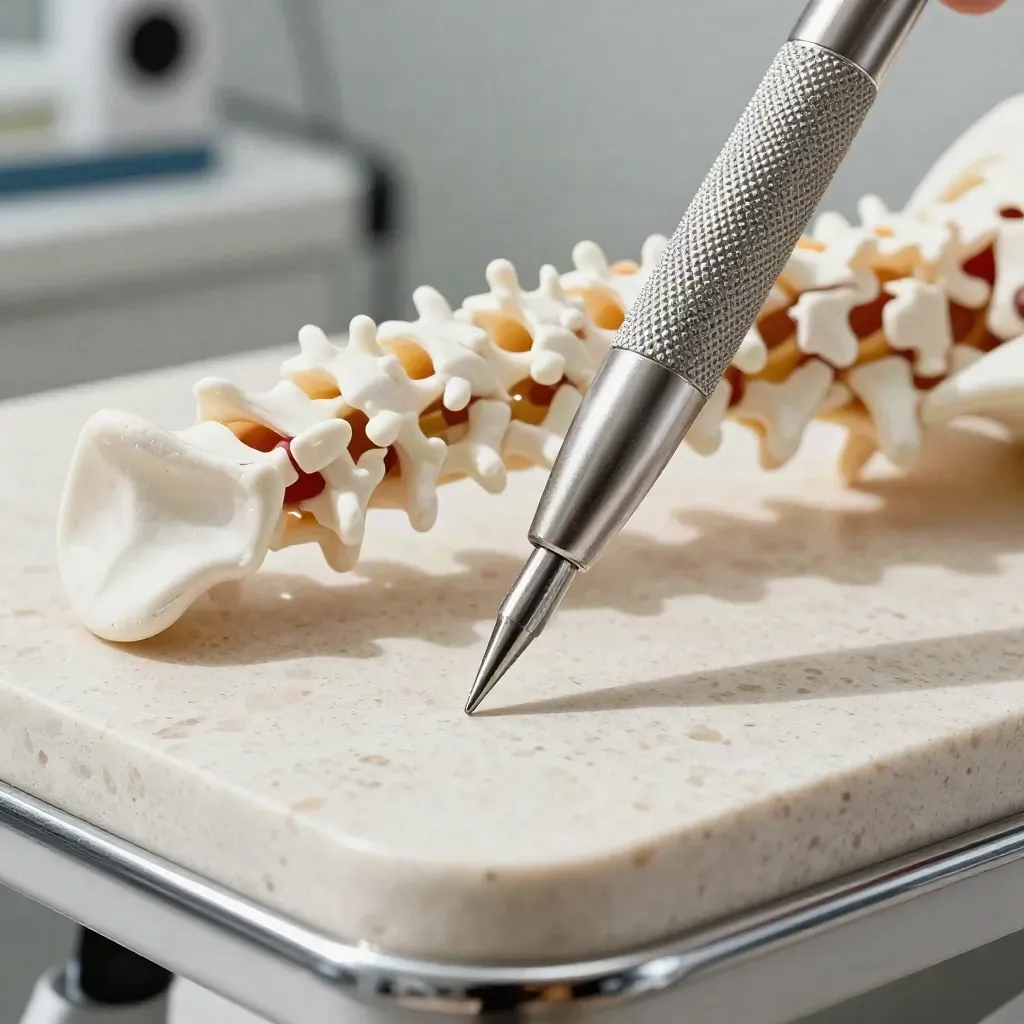 Activtor, cervical spine model, and drop-piece headrest on travertine clinic bench.