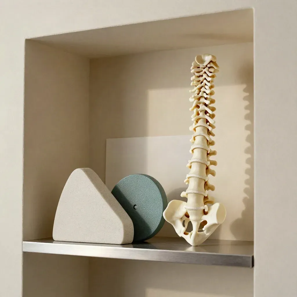 Spine model, foam wedge, and balance disc staged on a clinic shelf
