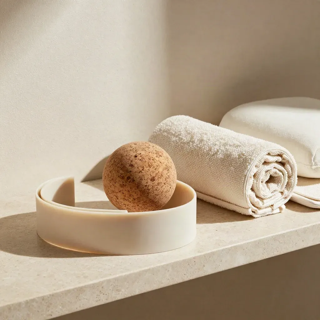 Resistance band, cork massage ball, rolled towel and treatment cushion on a stone shelf.
