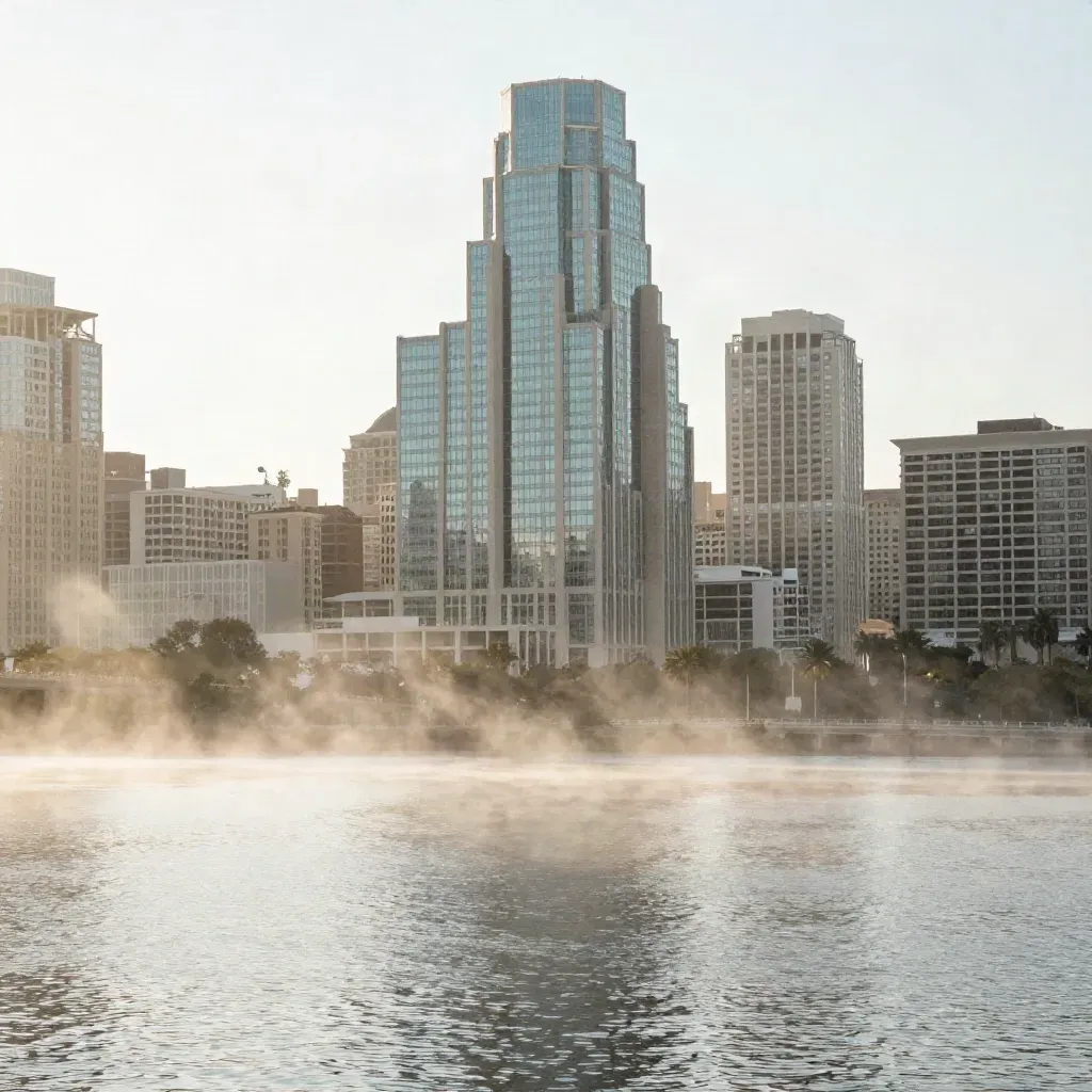 Austin skyline over misty Lady Bird Lake at first light.