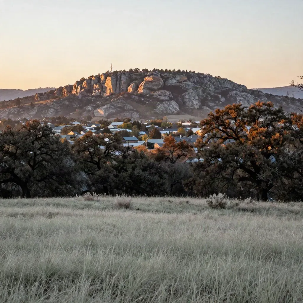 Oak-dotted limestone ridge over North Austin rooftops in late-day haze